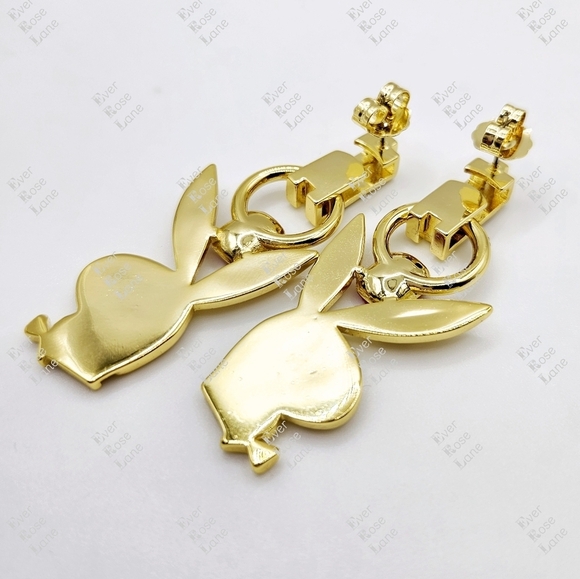 Oceanus x Playboy Bunny Golden Earrings Hot Pink Stone Rare New - Picture 4 of 4
